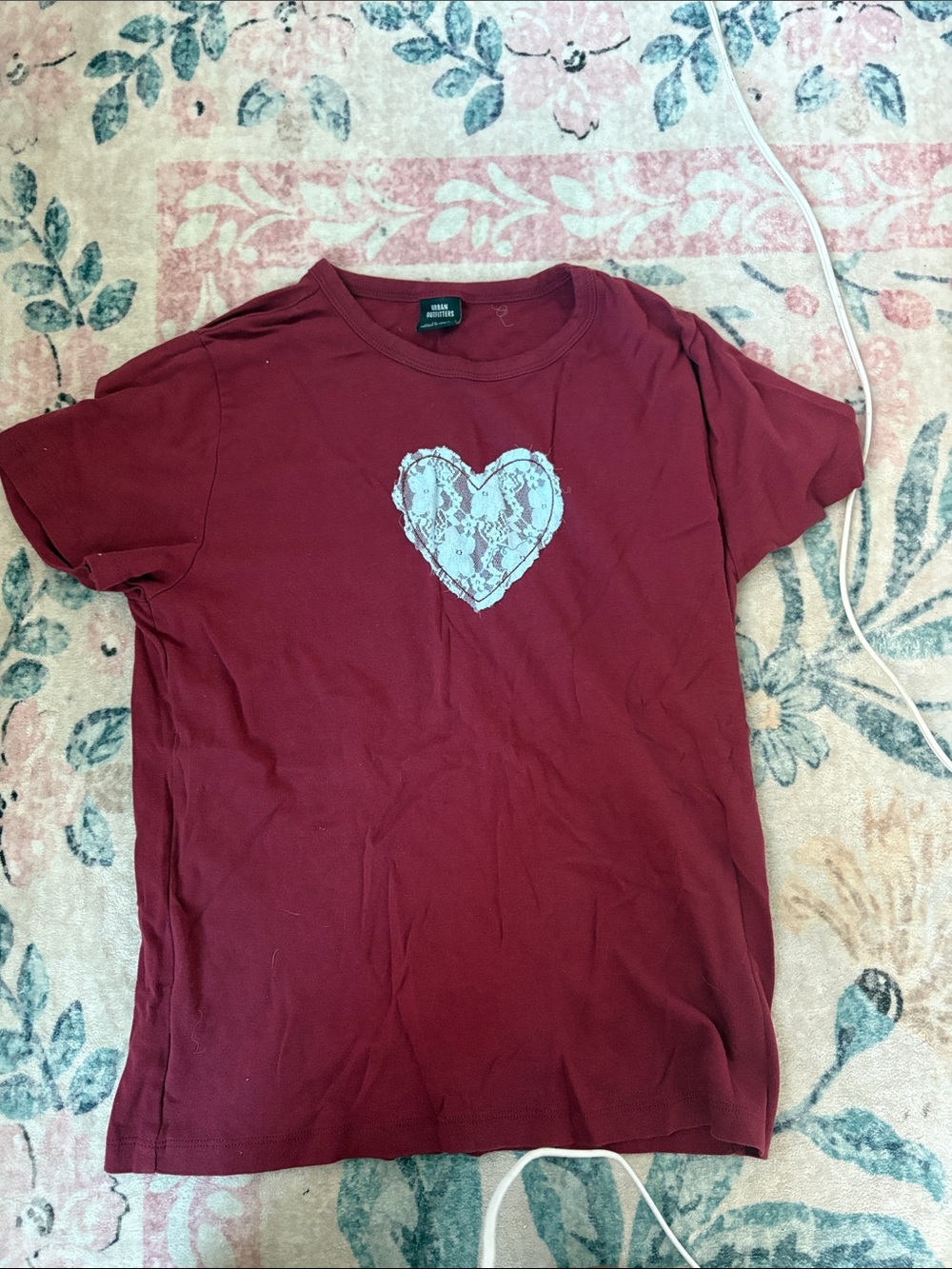 Urban Outfitters Wine Red Short Sleeve Tee with Lace Heart